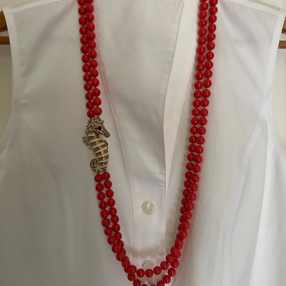 J Crew coral bead necklace with enameled and rhinestone seahorse